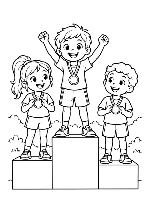 Ausmalbild: Drei Kinder mit Medaillen auf einem Siegerpodest, der Erstplatzierte jubelt mit beiden Armen.