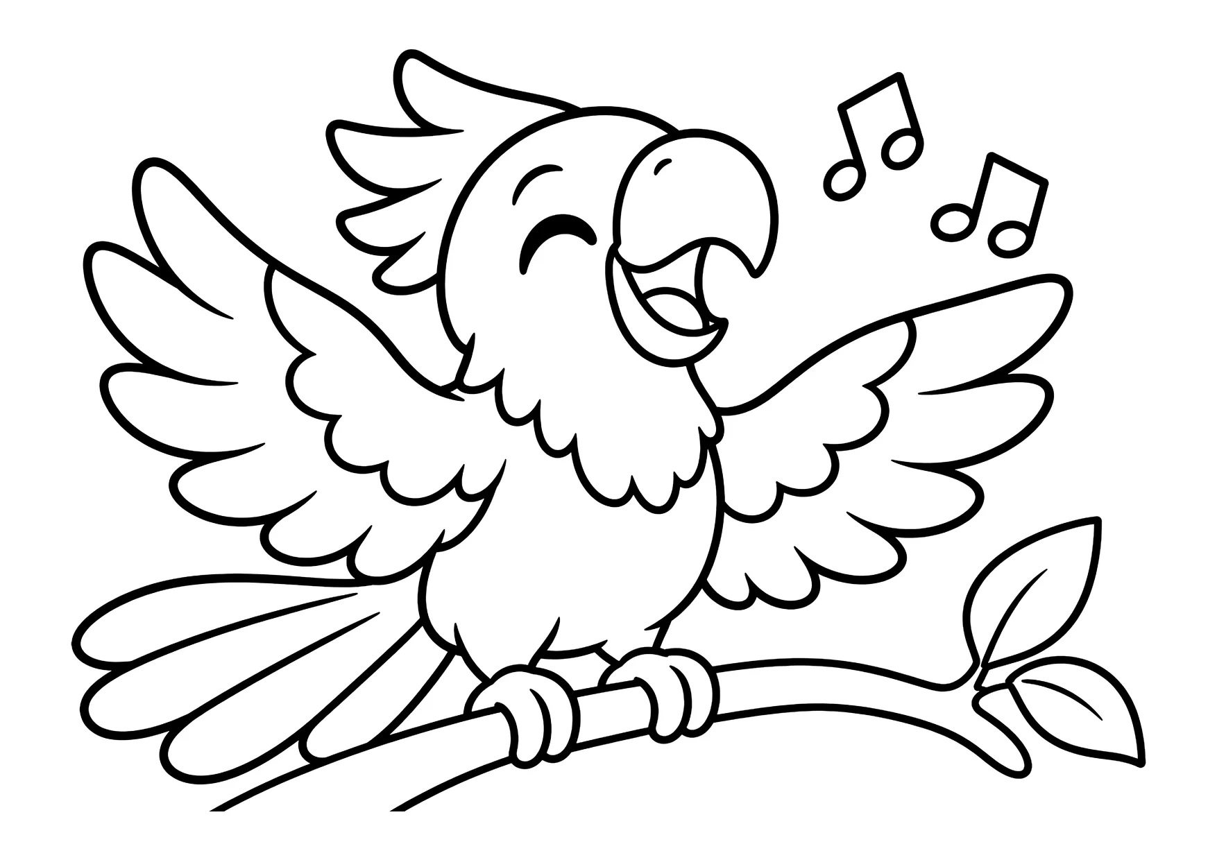 Ausmalbild: Papagei mit ausgebreiteten Flügeln singt auf einem Ast, daneben Musiknoten