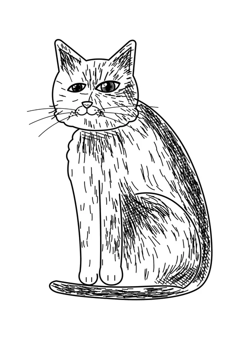 Ausmalbild: realistische sitzende Katze mit Fellstruktur