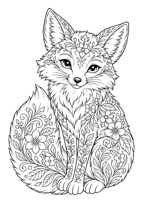 Ausmalbild: Sitzender Fuchs von vorn, Fell und buschiger Schwanz mit Blüten, Blättern und Ranken gefüllt