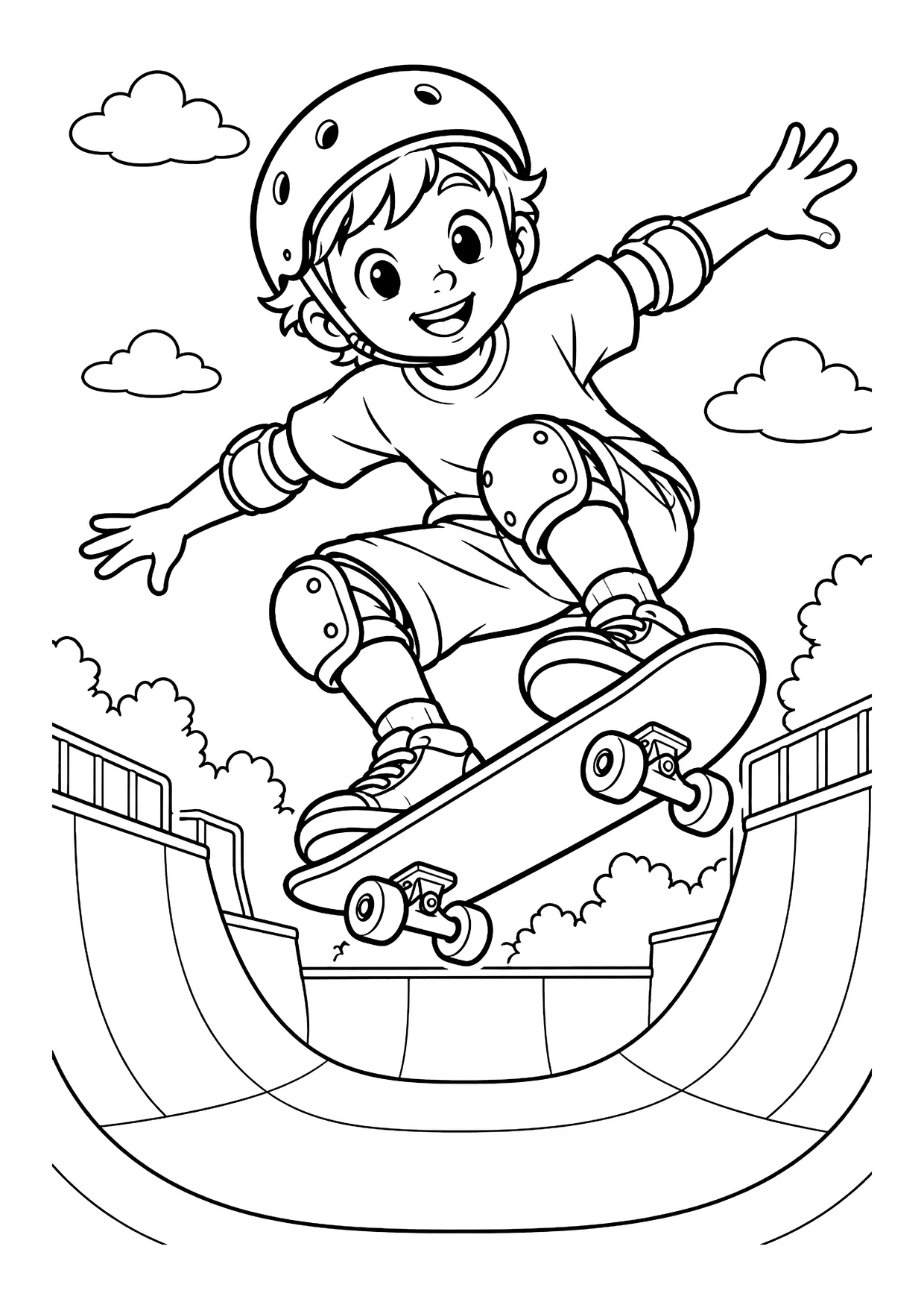 Ausmalbild: Junge mit Helm und Schützern springt mit Skateboard über eine Halfpipe im Skatepark