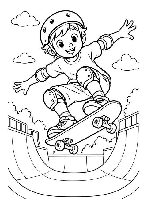Ausmalbild: Junge mit Helm und Schützern springt mit Skateboard über eine Halfpipe im Skatepark