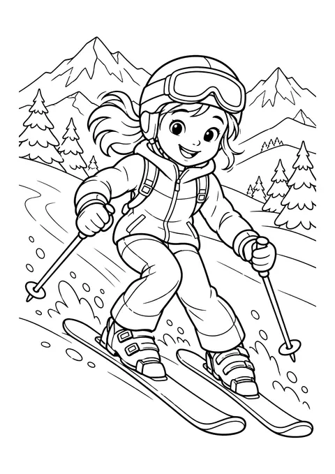 Ausmalbild: Mädchen mit Skihelm und Skibrille fährt mit Skiern und Skistöcken vor Bergen und Tannen ab