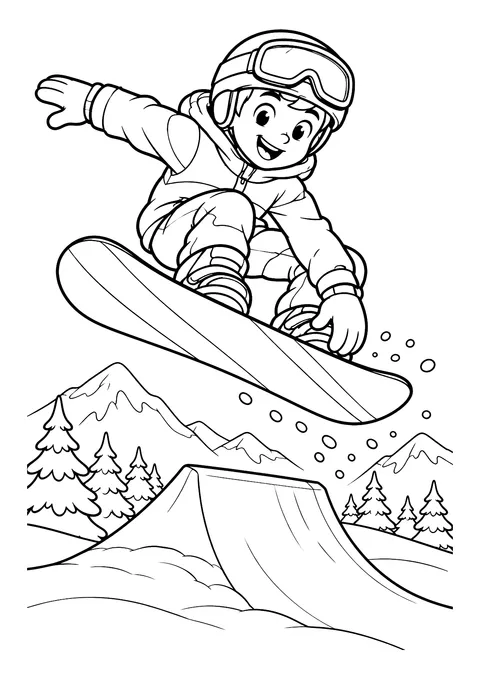Ausmalbild: Snowboarder springt über eine Schanze, dahinter Tannen, Berge und aufgewirbelter Schnee
