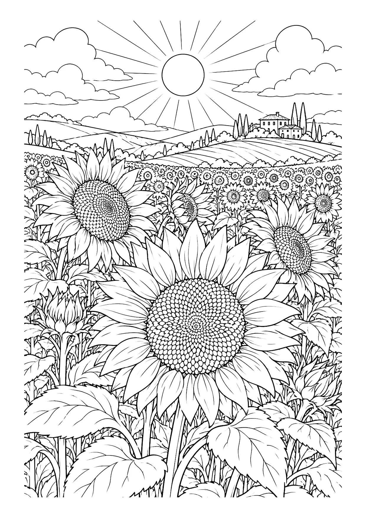 Ausmalbild: Sonnenblumenfeld mit großen Blüten, Hügeln, Zypressen, Landhaus und Sonne mit Strahlen am Wolkenhimmel.