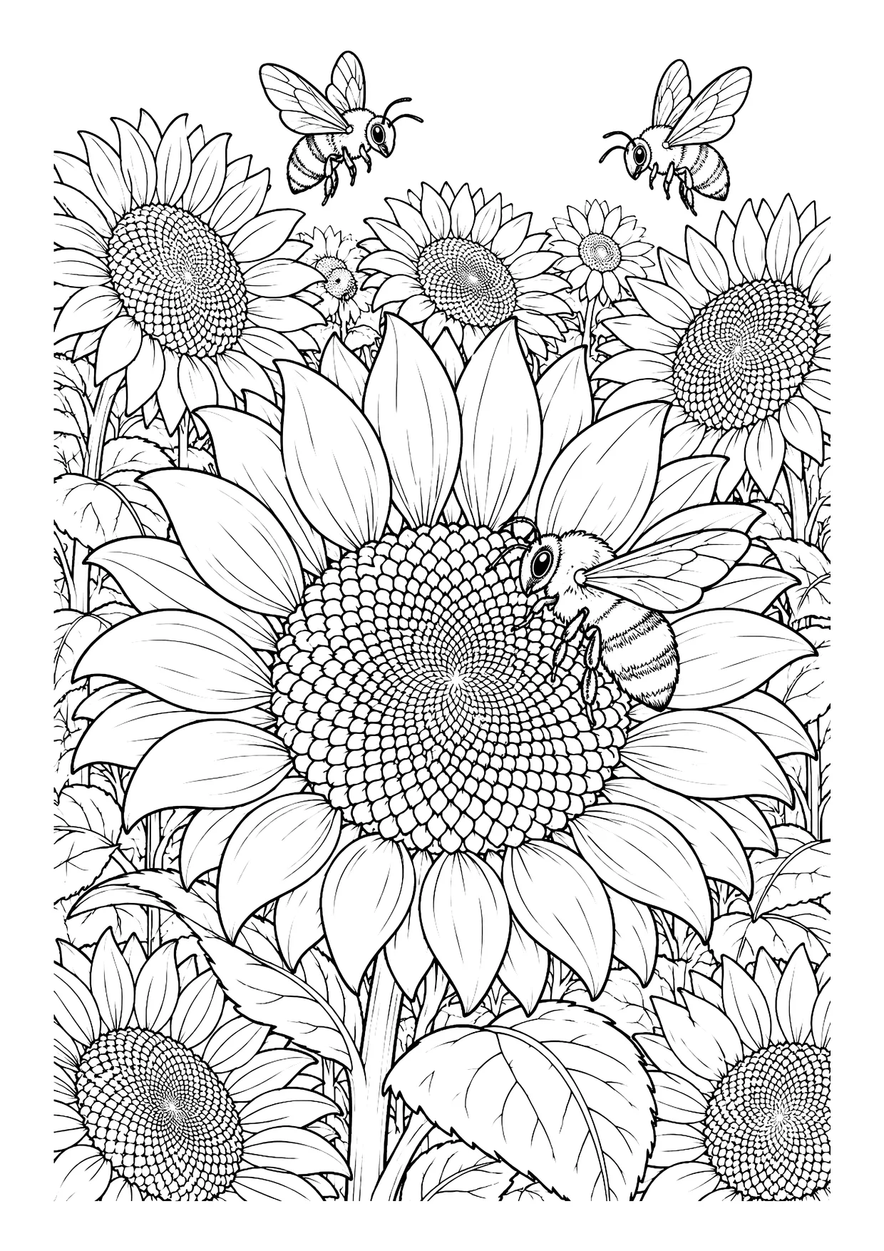 Ausmalbild: Große Sonnenblume mit sitzender Biene, Sonnenblumenfeld im Hintergrund und zwei fliegenden Bienen