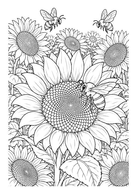 Ausmalbild: Große Sonnenblume mit sitzender Biene, Sonnenblumenfeld im Hintergrund und zwei fliegenden Bienen