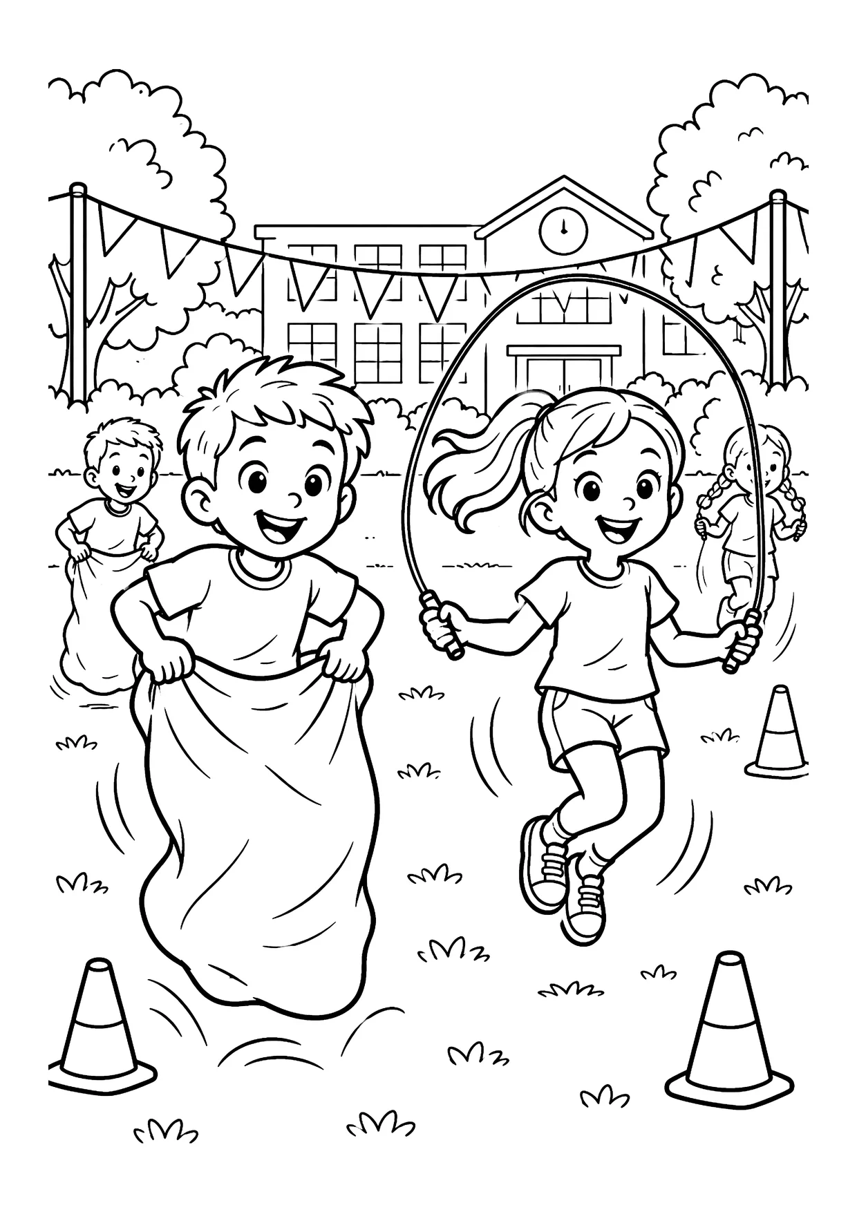 Ausmalbild: Kinder beim Sportfest im Schulhof mit Sackhüpfen, Seilspringen, Pylonen und Wimpelkette