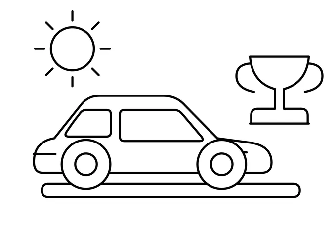 Ausmalbild: Sportwagen mit großen Rädern neben einem Siegerpokal, darüber eine Sonne