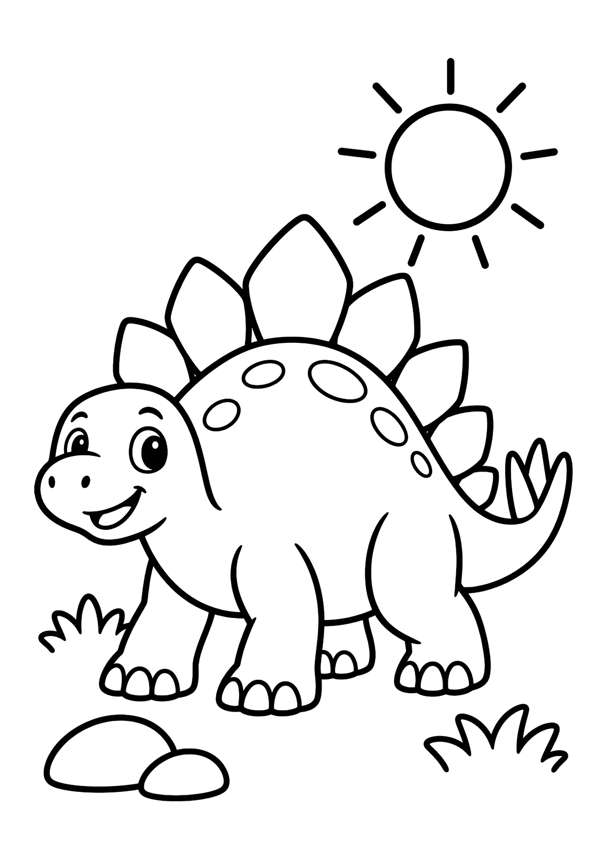 Ausmalbild: freundlicher Stegosaurus mit Rückenplatten, Sonne, Grasbüscheln und zwei Steinen