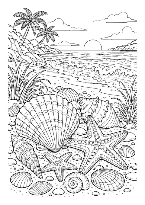 Ausmalbild: Muscheln, Schneckenhäuser und zwei Seesterne am Sandstrand, dahinter Wellen, Palmen und Sonnenuntergang