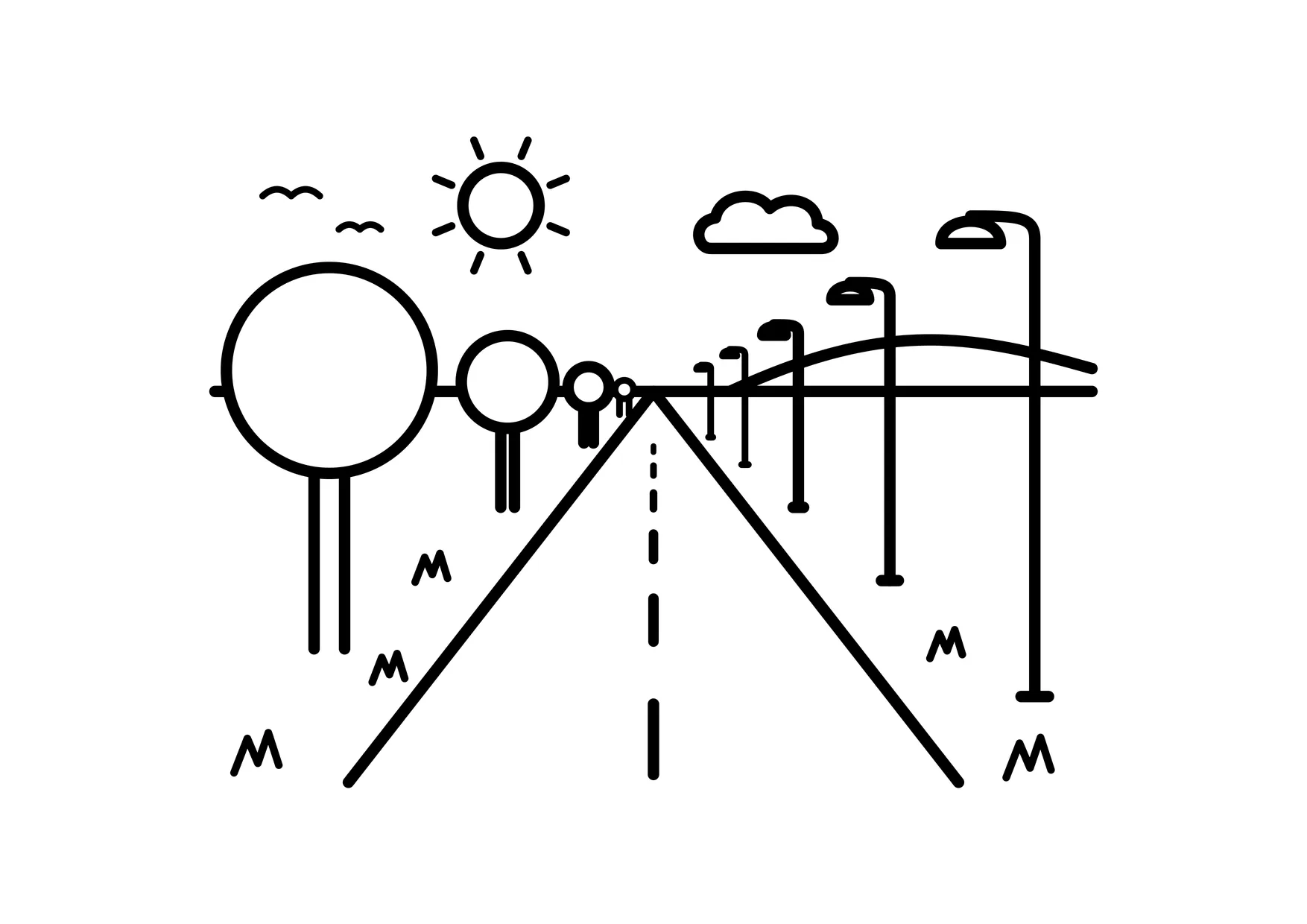 Ausmalbild: Straße mit Bäumen und Laternen bis zum Horizont