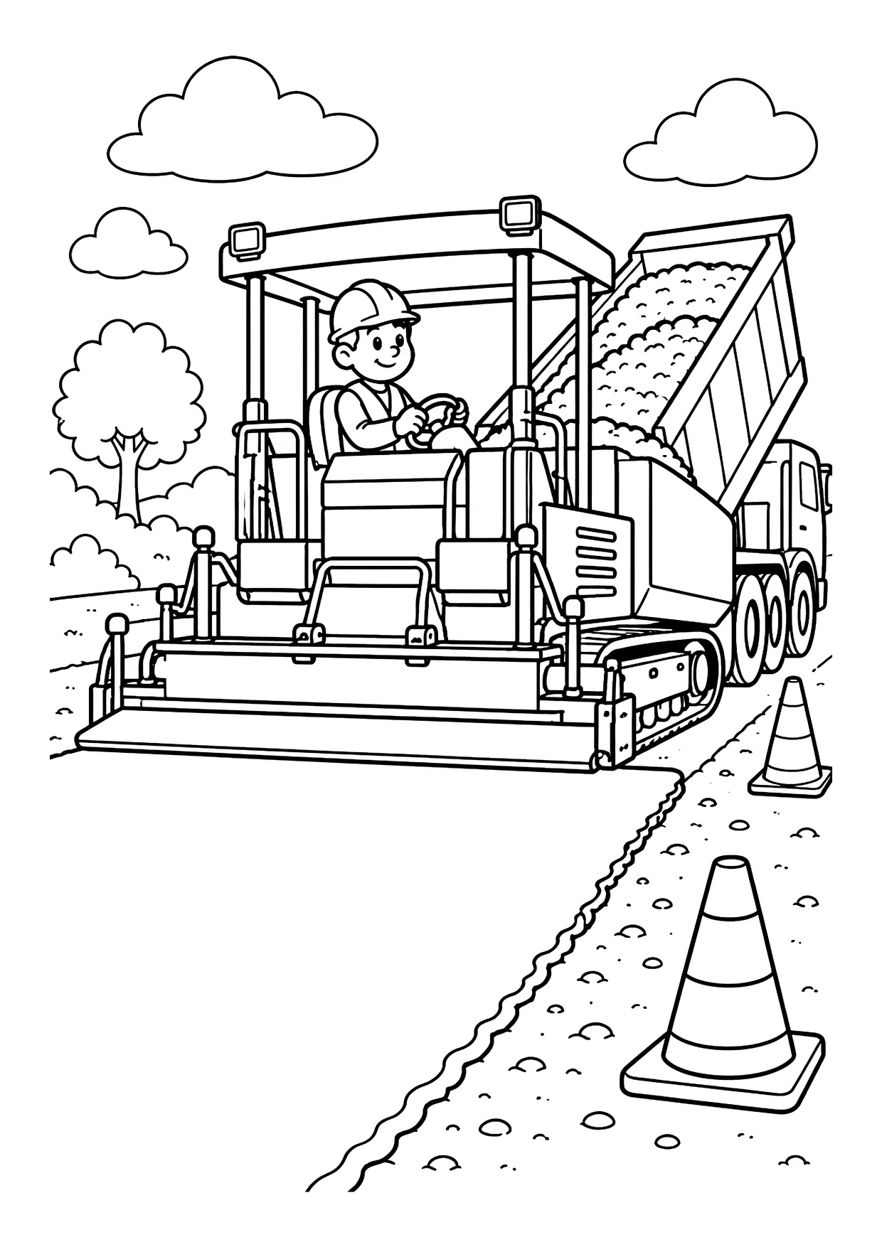 Ausmalbild: Straßenfertiger mit Fahrer legt Asphalt, dahinter Kipplaster, daneben zwei Leitkegel, Bäume und Wolken
