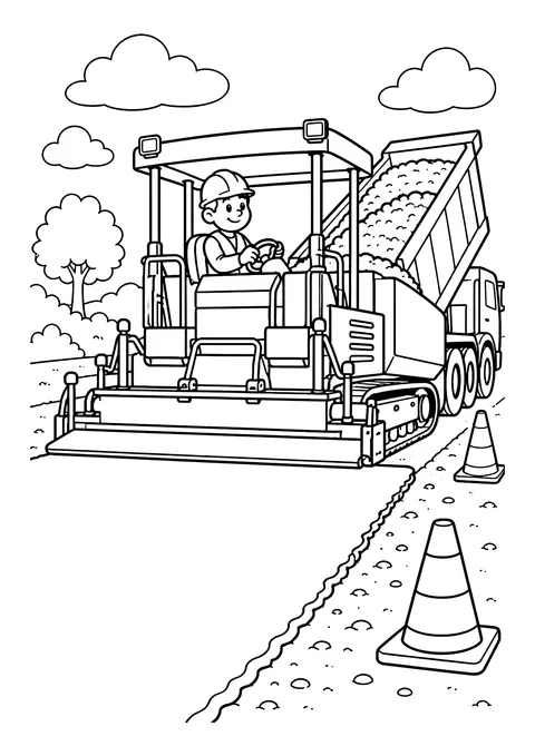 Ausmalbild: Straßenfertiger mit Fahrer legt Asphalt, dahinter Kipplaster, daneben zwei Leitkegel, Bäume und Wolken