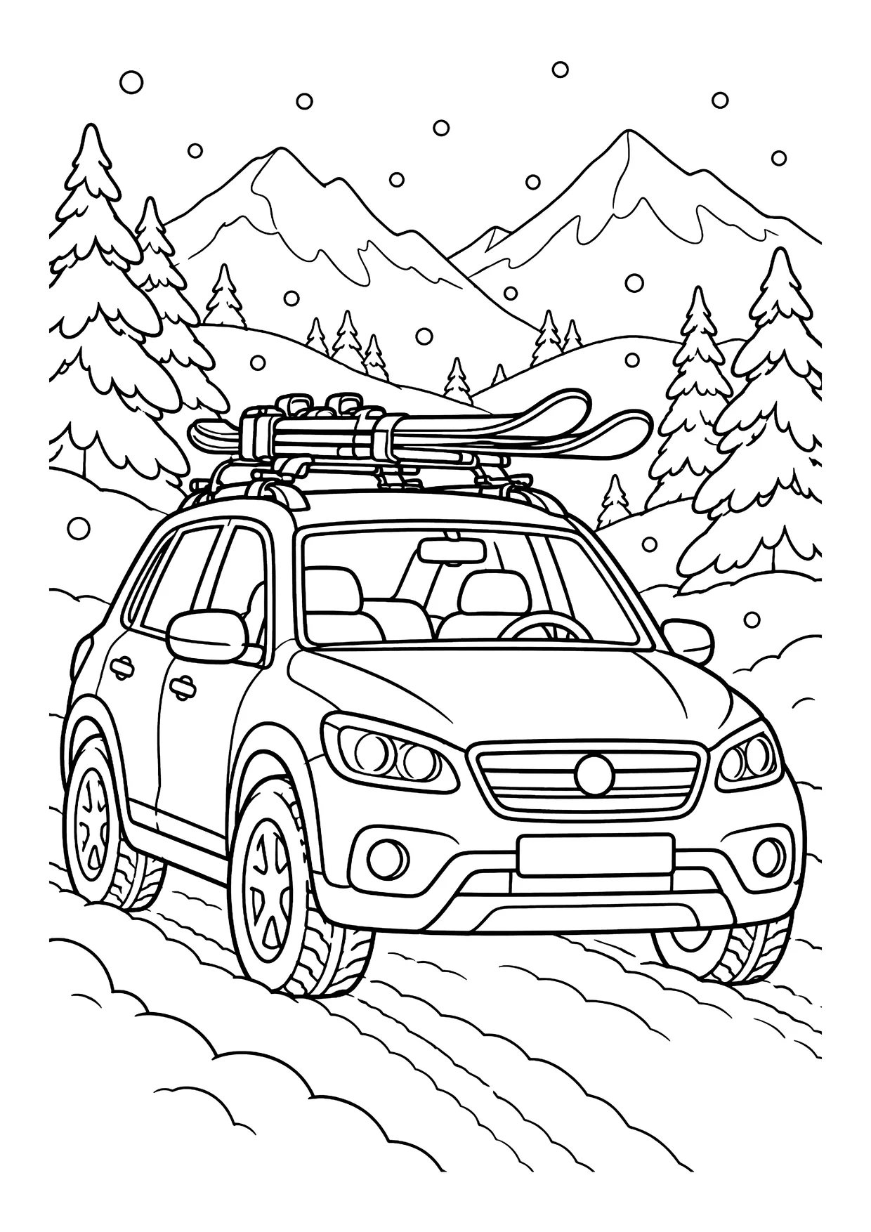 Ausmalbild: SUV mit Skiern auf dem Dachträger auf verschneiter Straße vor Tannen und Bergen