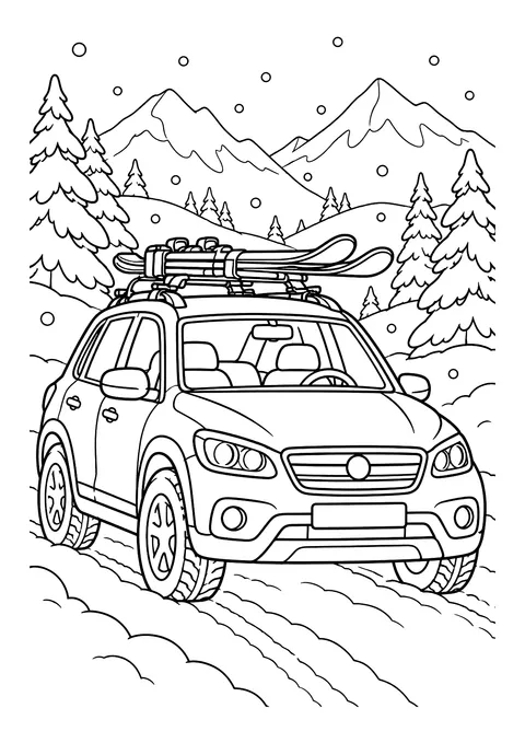 Ausmalbild: SUV mit Skiern auf dem Dachträger auf verschneiter Straße vor Tannen und Bergen