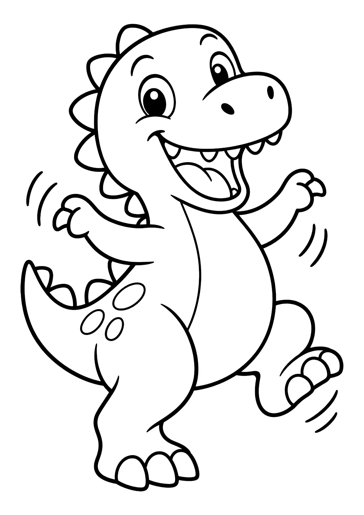 Ausmalbild: lachender Cartoon-Dinosaurier mit Rückenzacken tanzt auf zwei Beinen und hebt ein Bein