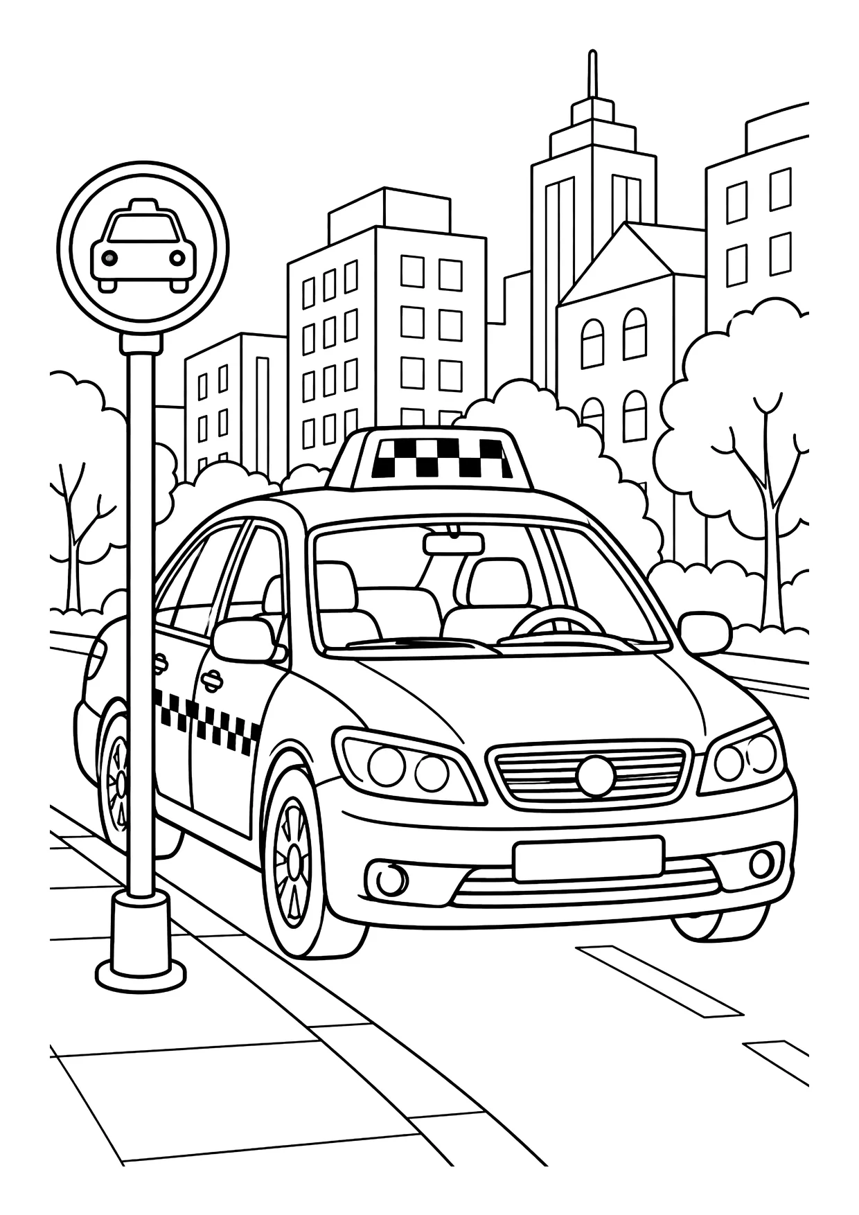Ausmalbild: Taxi mit Dachschild und Karostreifen vor einem Taxi-Schild, dahinter Hochhäuser und Bäume