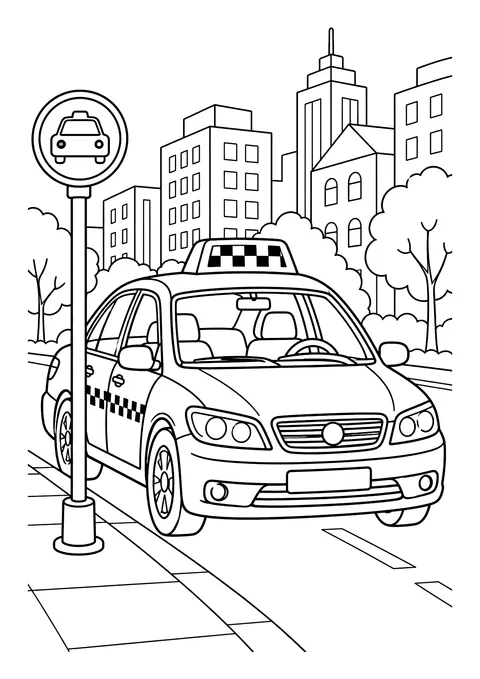 Ausmalbild: Taxi mit Dachschild und Karostreifen vor einem Taxi-Schild, dahinter Hochhäuser und Bäume