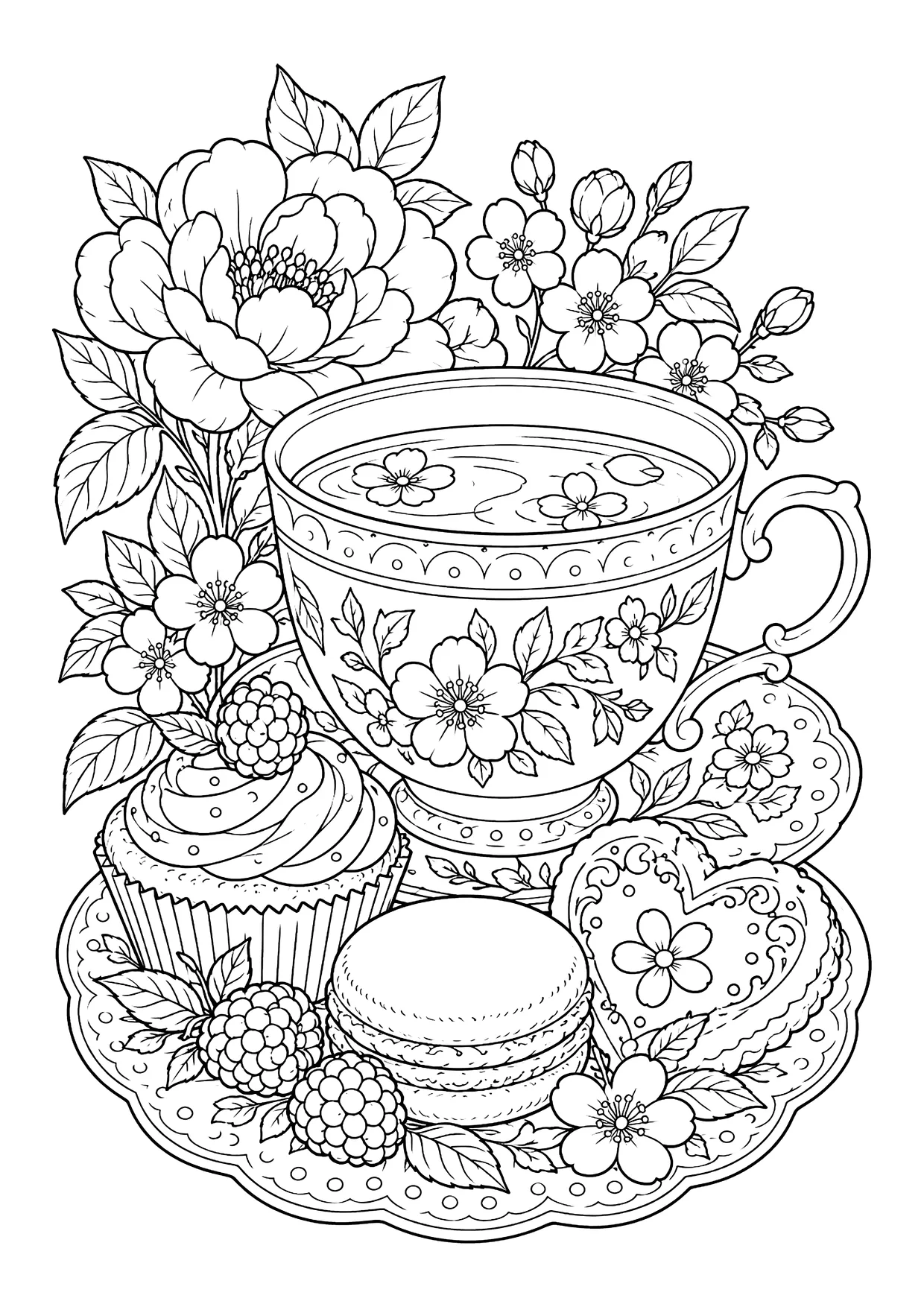 Ausmalbild: Verzierte Teetasse mit Blütenmuster auf Teller mit Cupcake, Macarons, Herzkeksen, Beeren und Blüten