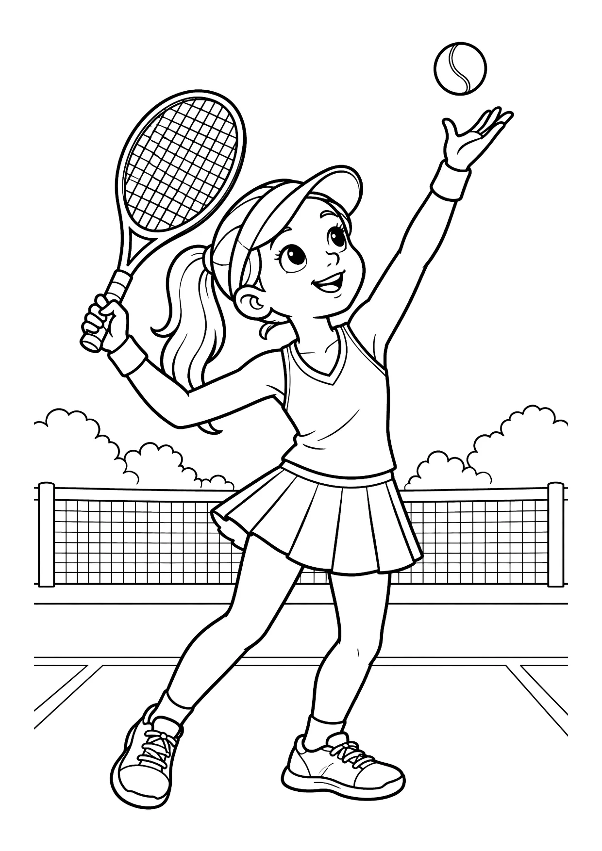 Ausmalbild: Mädchen in Tenniskleid mit Schläger und Mütze wirft beim Aufschlag den Ball hoch, dahinter Tennisnetz