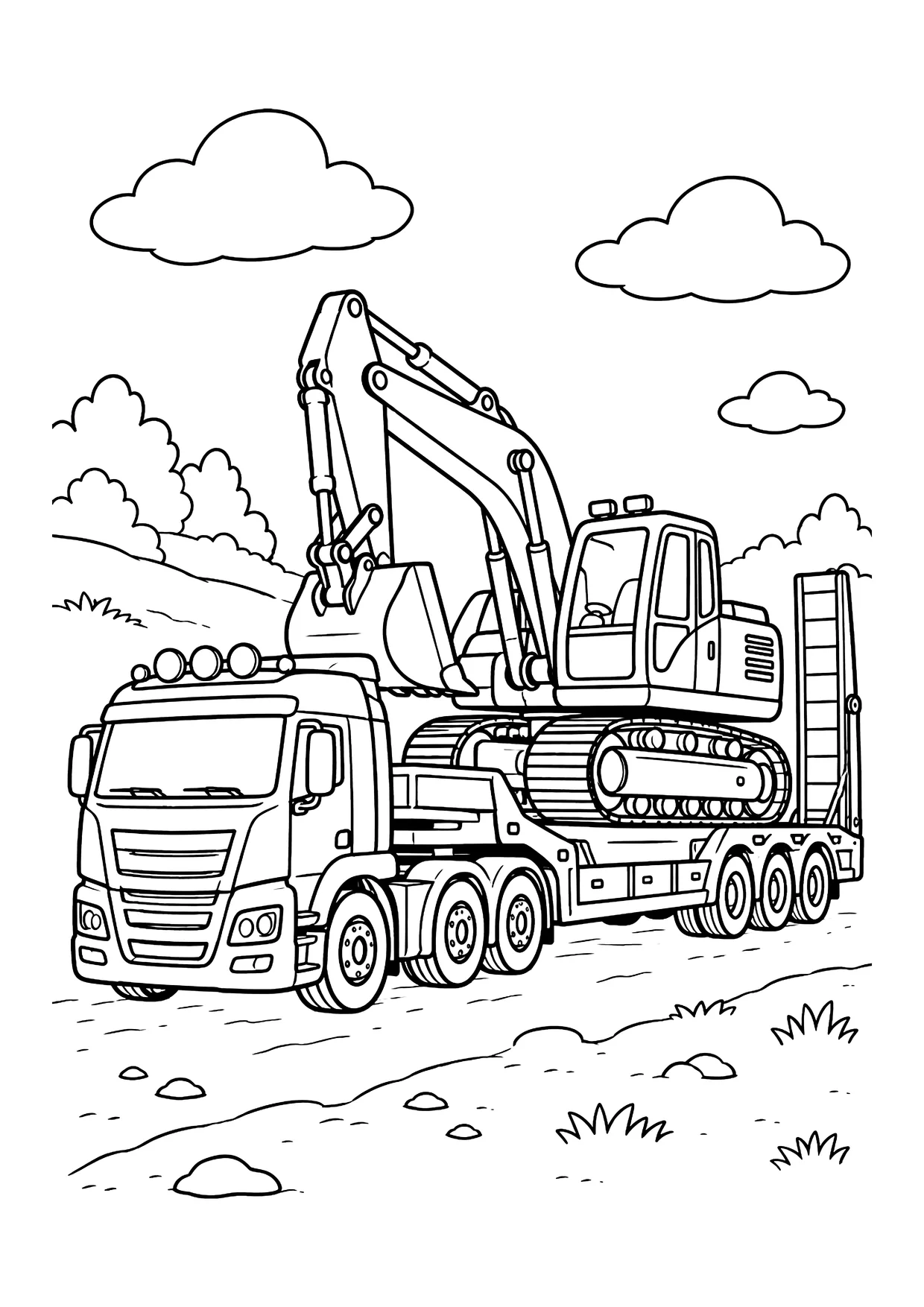 Ausmalbild: LKW mit Tieflader-Anhänger, darauf ein Kettenbagger mit Schaufel, dahinter Wolken und Büsche