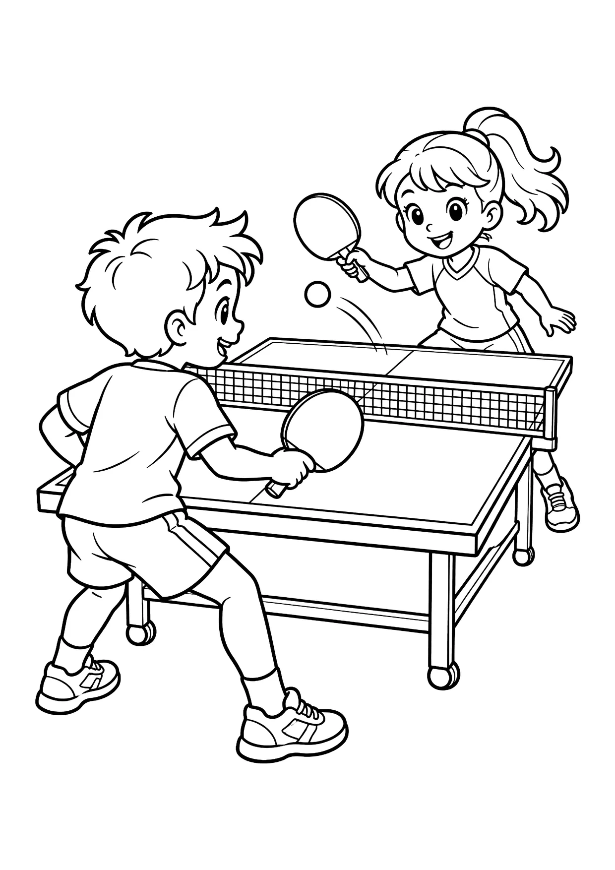 Ausmalbild: Junge und Mädchen spielen Tischtennis an einer Platte mit Netz, Ball fliegt in der Luft.