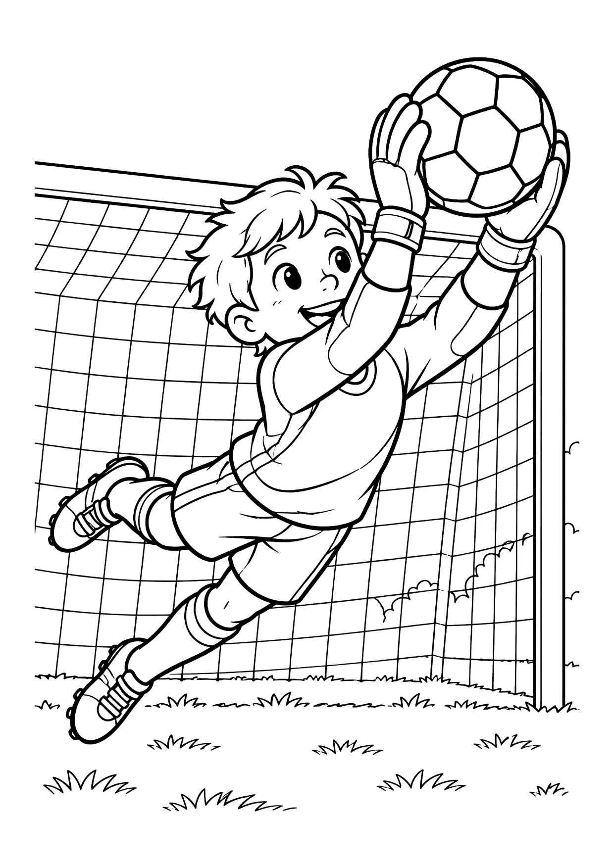 Ausmalbild: Junger Torwart springt mit Handschuhen vor dem Tornetz und fängt einen Fußball