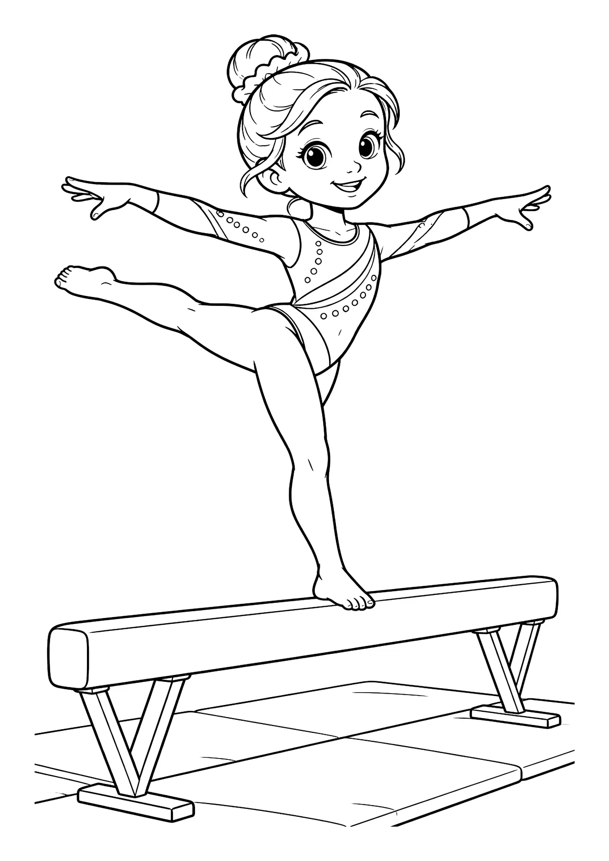 Ausmalbild: Turnerin im Gymnastikanzug balanciert mit ausgestreckten Armen auf einem Schwebebalken über einer Matte.