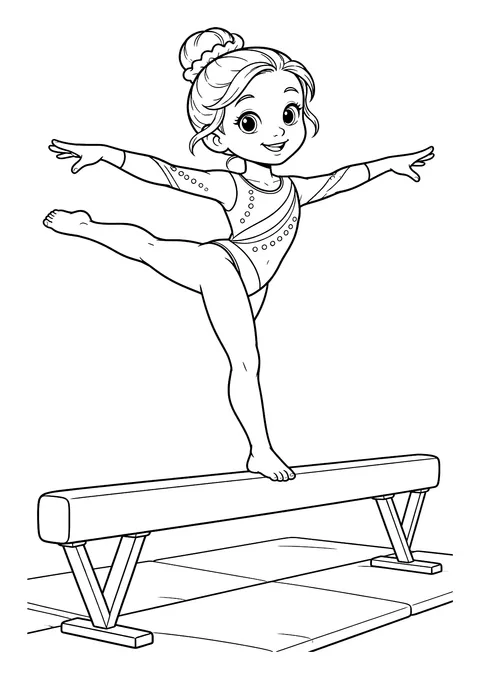 Ausmalbild: Turnerin im Gymnastikanzug balanciert mit ausgestreckten Armen auf einem Schwebebalken über einer Matte.