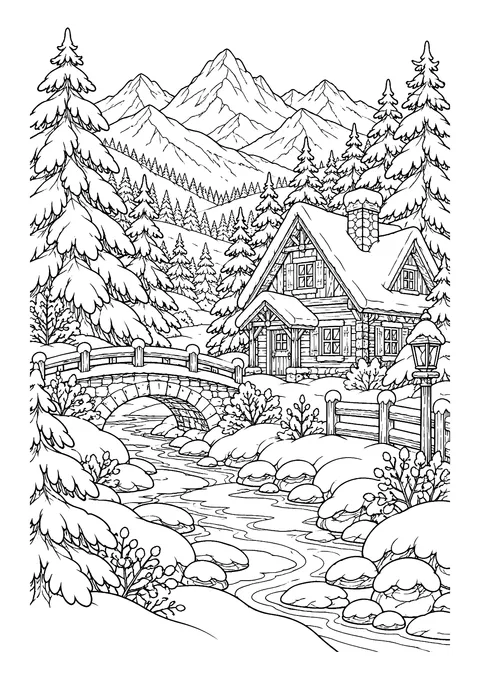 Ausmalbild: Blockhütte im Schnee mit Steinbrücke über einen Bach, verschneite Tannen und Berge