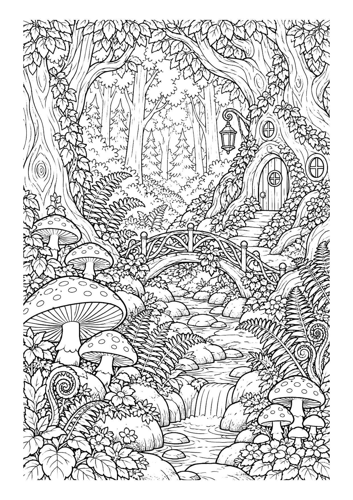Ausmalbild: Verwunschener Wald mit Fliegenpilzen, Farnen, Bachlauf, Brücke und Baumtür mit Laterne
