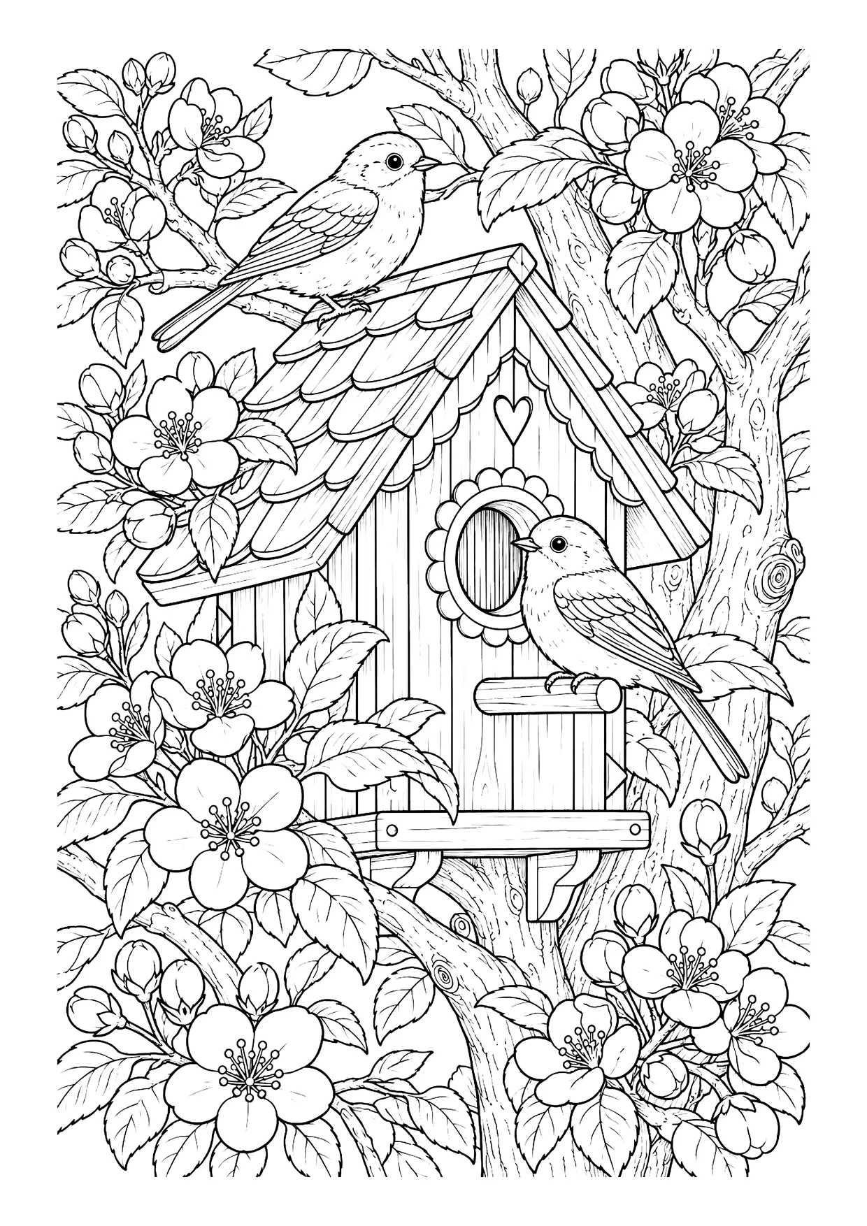 Ausmalbild: Vogelhaus mit Schindeldach im blühenden Apfelbaum, zwei kleine Vögel auf Dach und Sitzstange