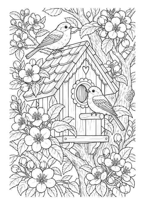 Ausmalbild: Vogelhaus mit Schindeldach im blühenden Apfelbaum, zwei kleine Vögel auf Dach und Sitzstange