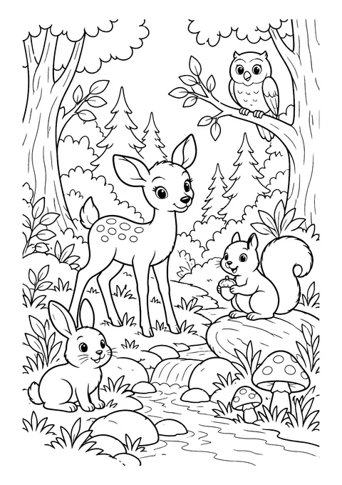 Ausmalbild: Reh, Eule, Eichhörnchen und Hase im Wald mit Bäumen, Pilzen, Steinen und einem Bach