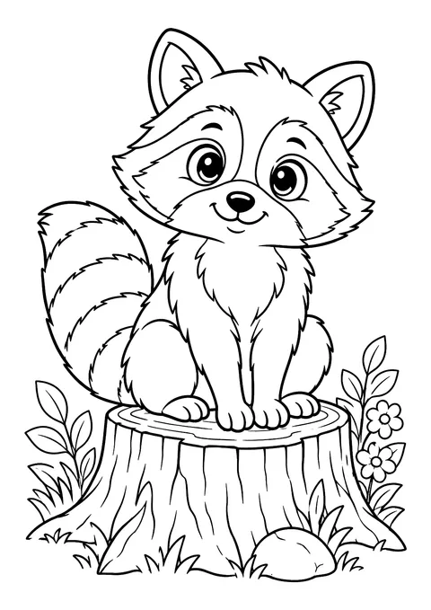 Ausmalbild: Waschbär mit geringeltem Schwanz sitzt auf einem Baumstumpf zwischen Gras, Blättern und Blumen