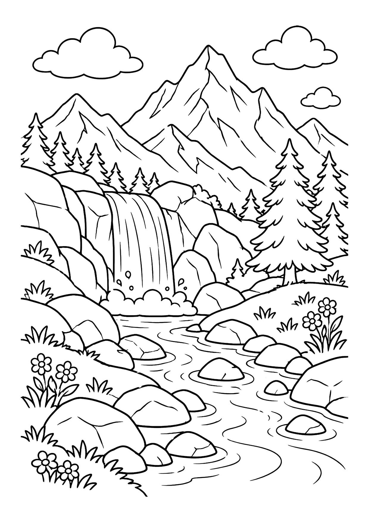 Ausmalbild: Berglandschaft mit Wasserfall, Tannen, Felsen, Bach, Gräsern, Blumen und Wolken am Himmel