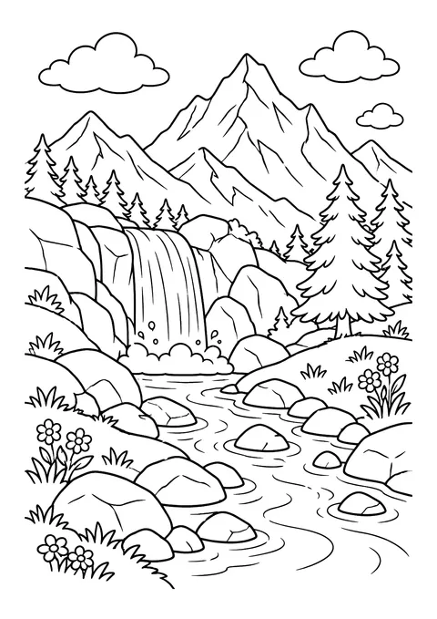 Ausmalbild: Berglandschaft mit Wasserfall, Tannen, Felsen, Bach, Gräsern, Blumen und Wolken am Himmel