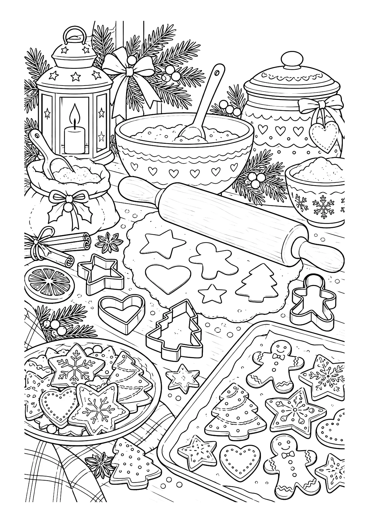 Ausmalbild: Weihnachtlicher Backtisch mit Nudelholz, Ausstechformen, Teigschüssel und verzierten Plätzchen auf Blech und Teller