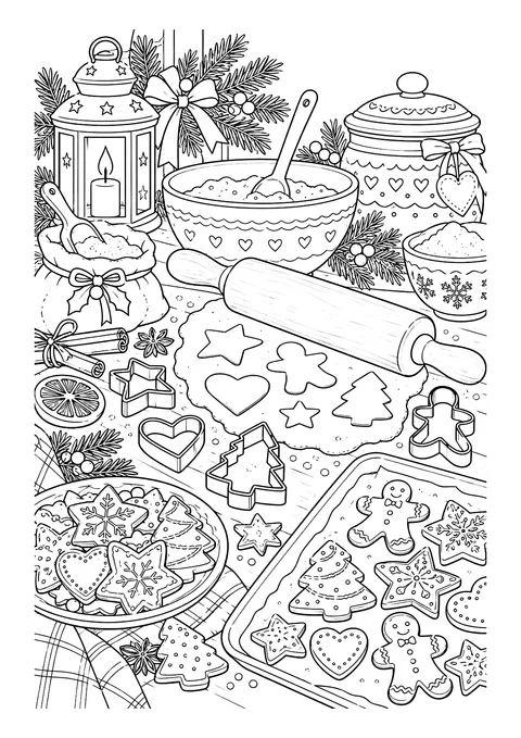 Ausmalbild: Weihnachtlicher Backtisch mit Nudelholz, Ausstechformen, Teigschüssel und verzierten Plätzchen auf Blech und Teller