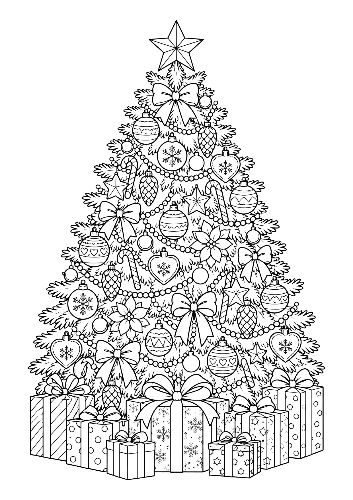 Ausmalbild: geschmückter Weihnachtsbaum mit Stern, Kugeln, Zapfen, Schleifen und Geschenkpaketen darunter