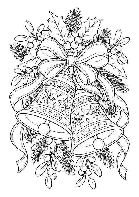 Ausmalbild: Zwei verzierte Weihnachtsglocken unter einer Schleife, umgeben von Mistelzweigen, Beeren, Stechpalme und Tannenzweigen.