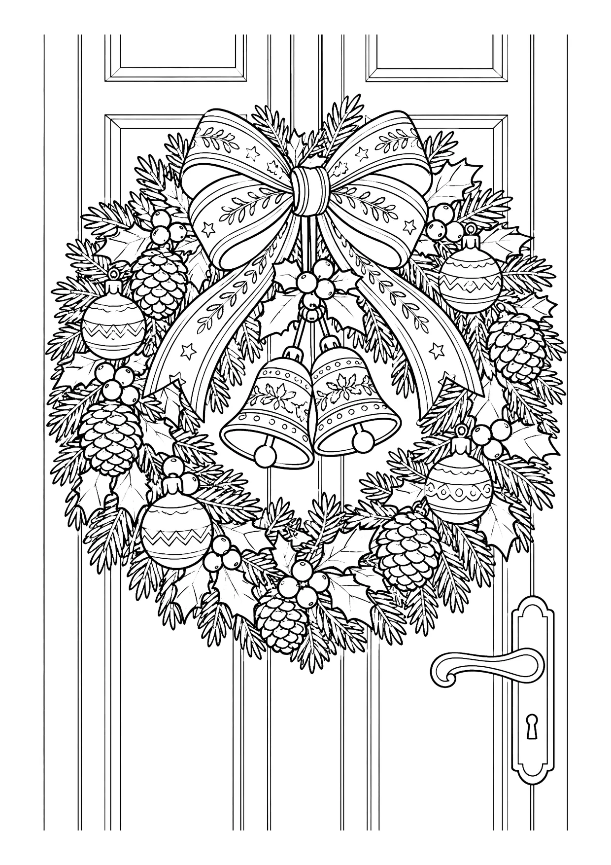 Ausmalbild: Weihnachtskranz mit Schleife, zwei Glocken, Christbaumkugeln, Zapfen und Beeren an einer Haustür