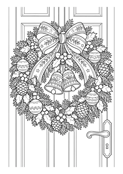 Ausmalbild: Weihnachtskranz mit Schleife, zwei Glocken, Christbaumkugeln, Zapfen und Beeren an einer Haustür