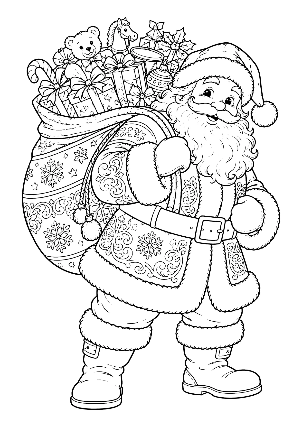 Ausmalbild: Weihnachtsmann mit Mütze und Bart trägt einen großen Sack voller Geschenke, Teddybär und Schaukelpferd