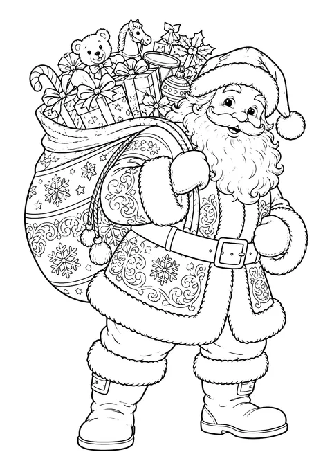 Ausmalbild: Weihnachtsmann mit Mütze und Bart trägt einen großen Sack voller Geschenke, Teddybär und Schaukelpferd