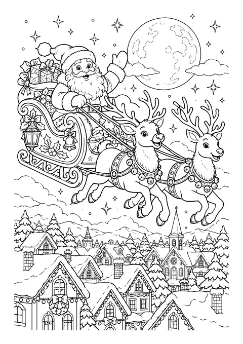 Ausmalbild: Weihnachtsmann im Schlitten mit zwei Rentieren fliegt bei Vollmond über verschneite Häuser und Tannen.
