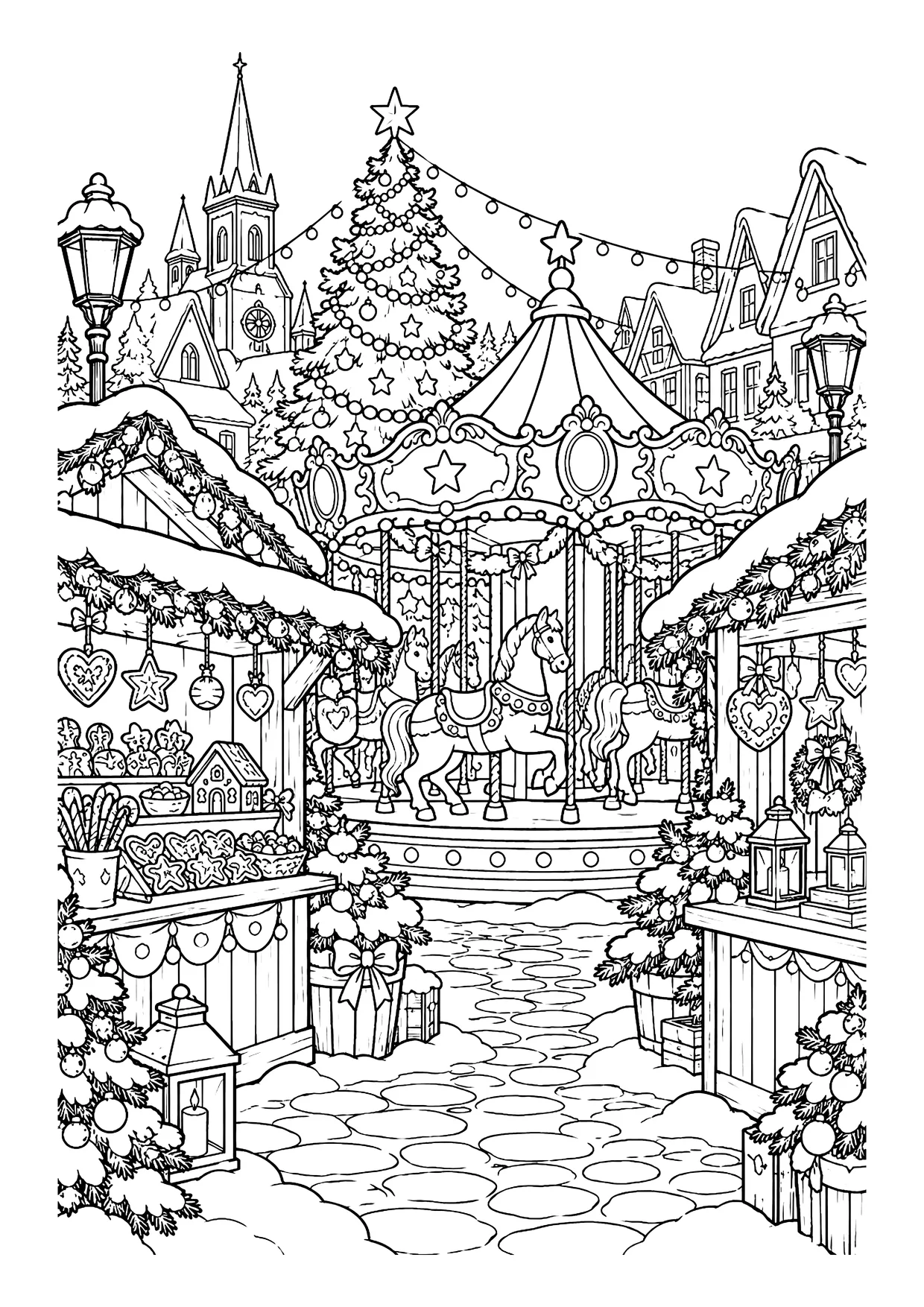 Ausmalbild: Weihnachtsmarkt mit Karussell, geschmückten Ständen, Lebkuchen, Laternen und Weihnachtsbaum im Schnee