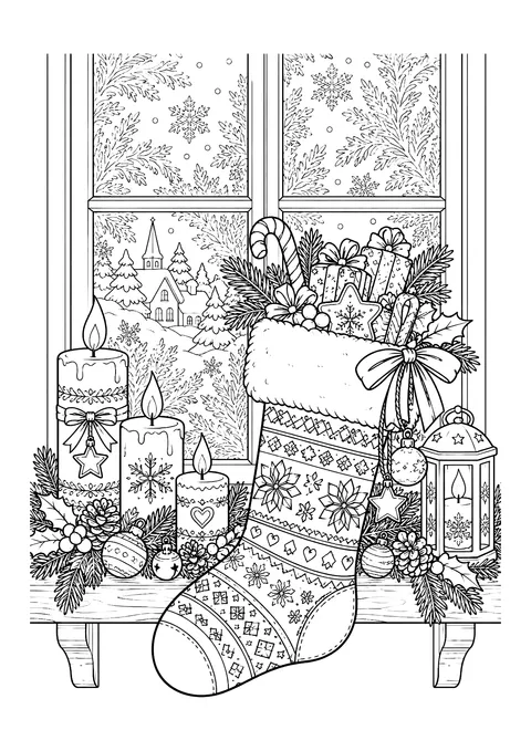 Ausmalbild: Weihnachtsstrumpf mit Geschenken am Fenstersims, drei Kerzen, Laterne, Tannenzweige und verschneites Dorf hinter Eisblumen