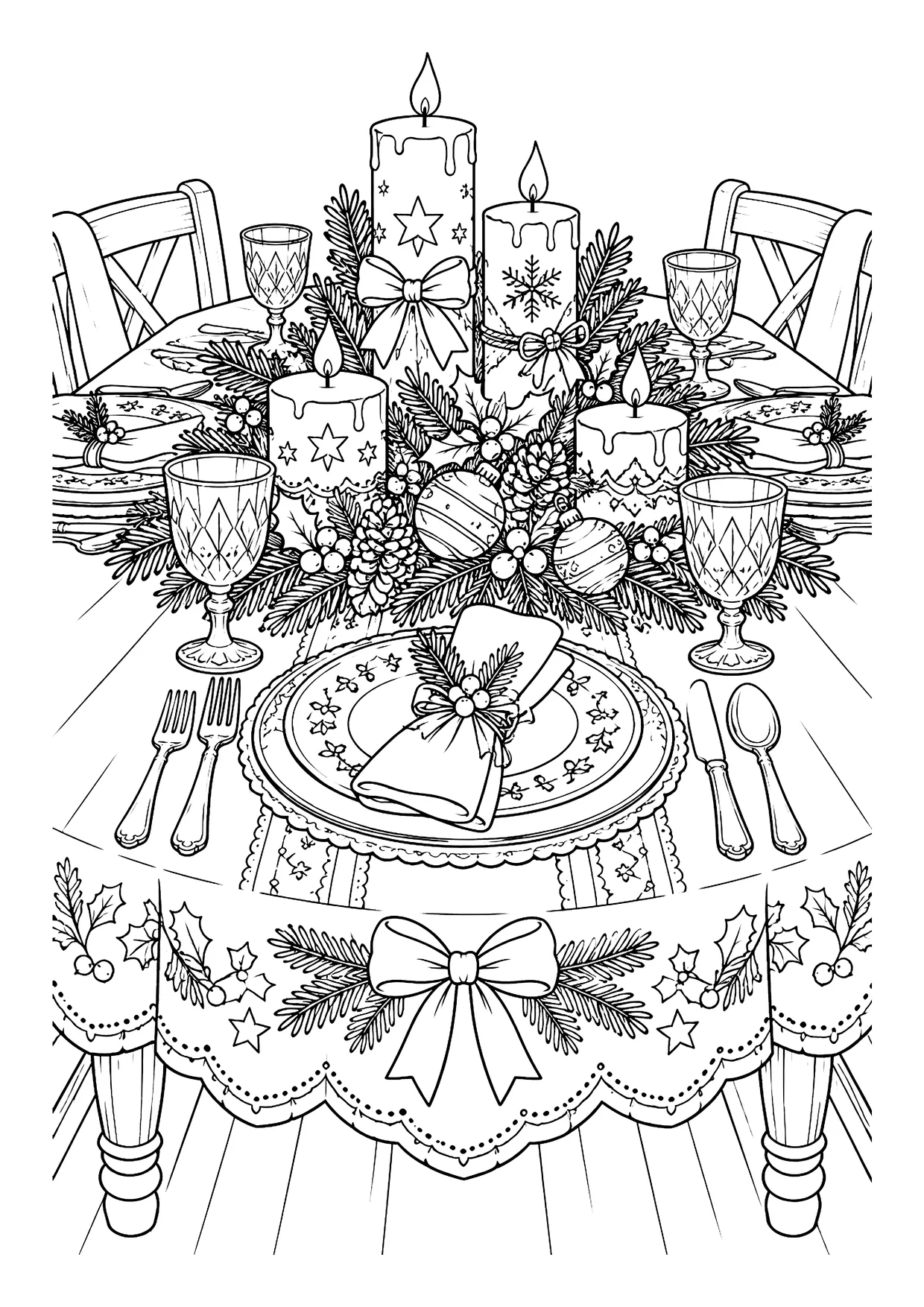 Ausmalbild: Gedeckter Weihnachtstisch mit fünf Kerzen, Tannenzweigen, Gläsern, Teller mit Serviette, Besteck und Schleifendecke